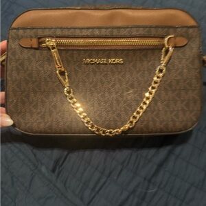 Michael Kors Brown MK Logo Crossbody with Gold Chain Accent